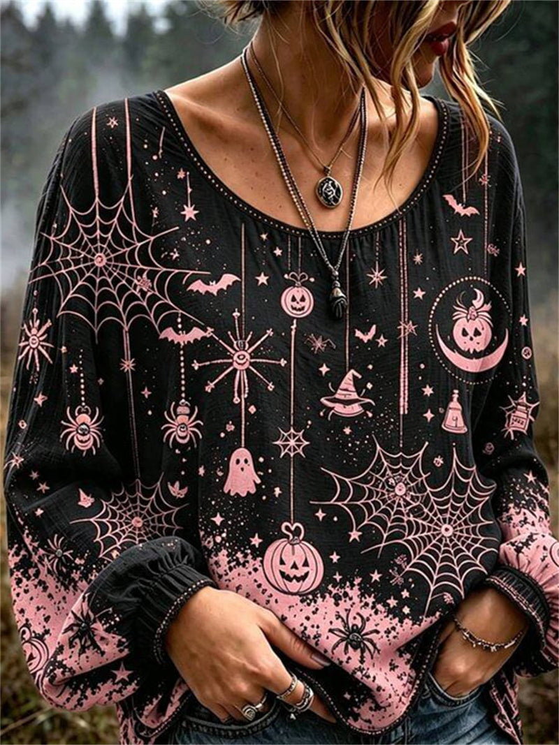 Women's Halloween Black Pink Spider Web Pumpkin Print Round Neck Long Sleeve Blouse