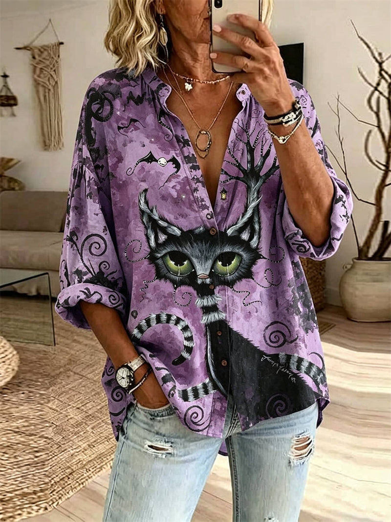 Women's Halloween Purple Black Cat Print Stand Collar Long Sleeve Shirt