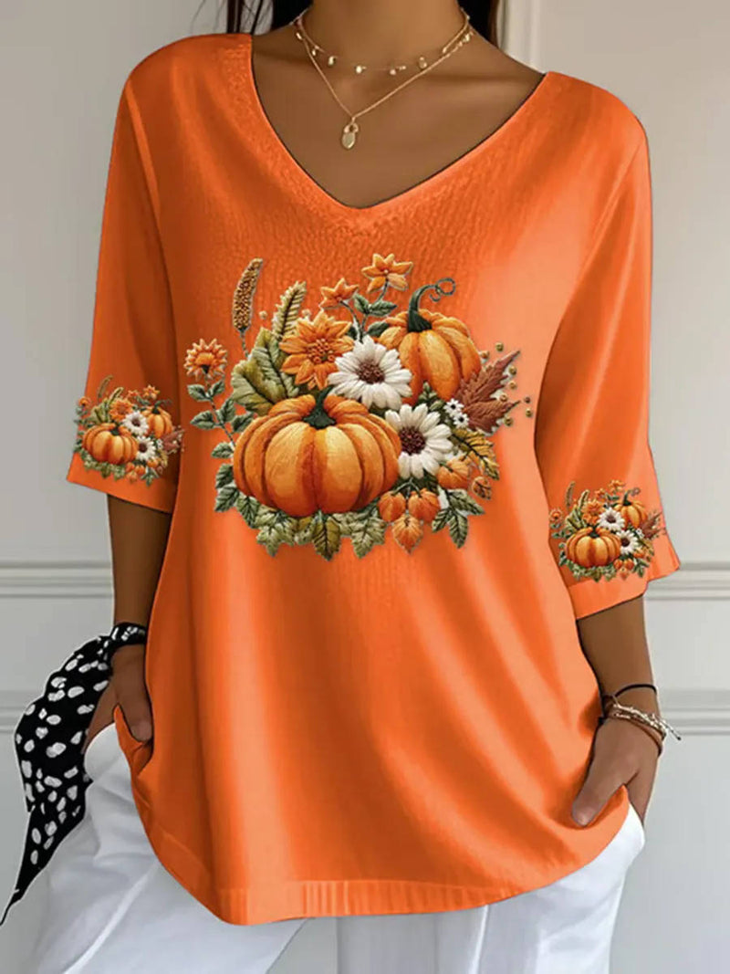 Women's Halloween Orange Pumpkin Floral Print V Neck 3/4 Sleeve Blouse