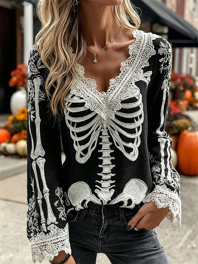 Women's Halloween Black Skeleton Lace V Neck Long Sleeve Blouse