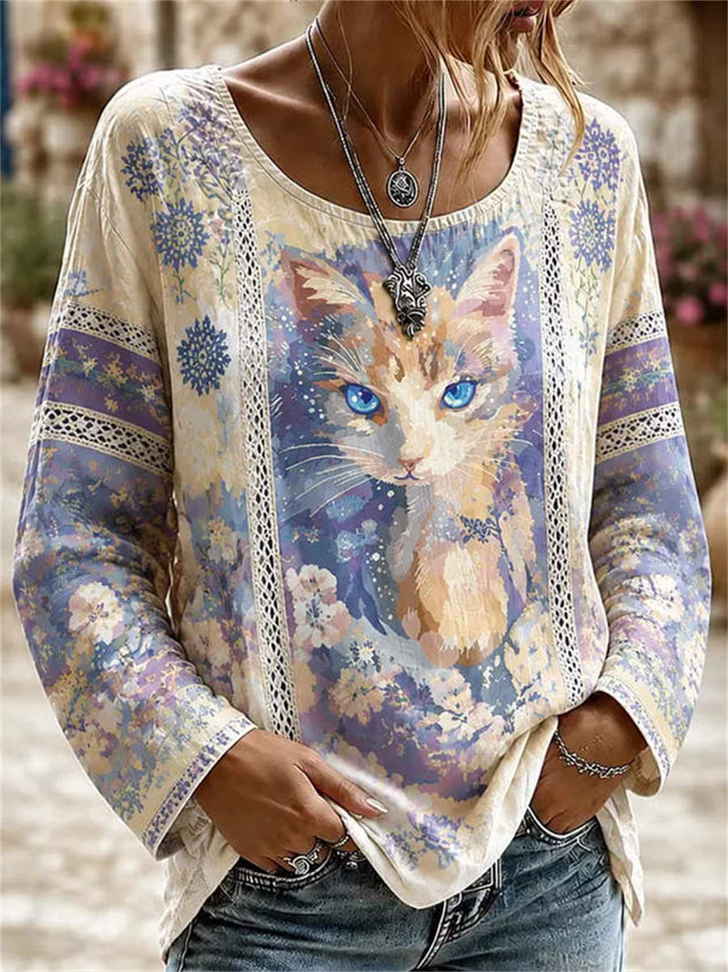 Women's Multi Cat Floral Print Lace Splicing Round Neck Long Sleeve Blouse