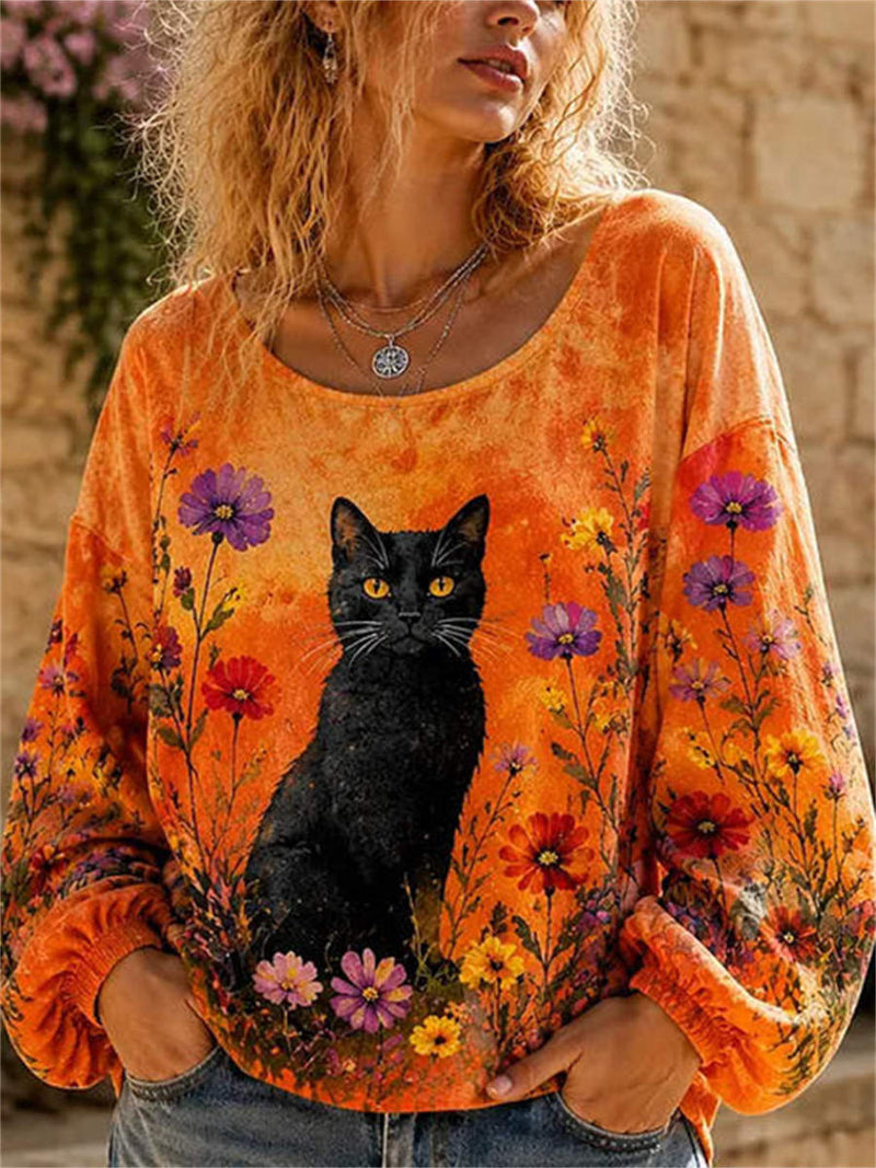 Women's Orange Black Cat Wild Floral Print Round Neck Long Sleeve Blouse