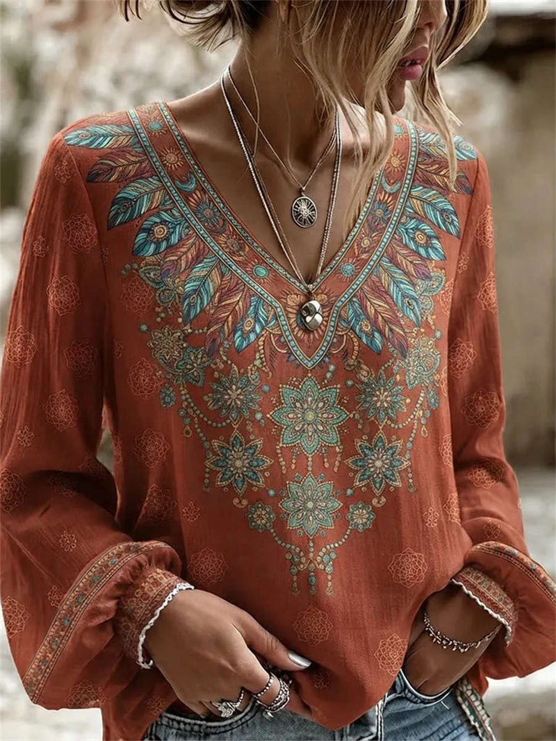 Women's Rust Orange Feather Floral Print V Neck Long Sleeve Blouse