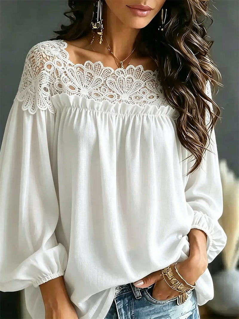 Women's White Floral Hollow Lace Square Neck Long Sleeve Blouse