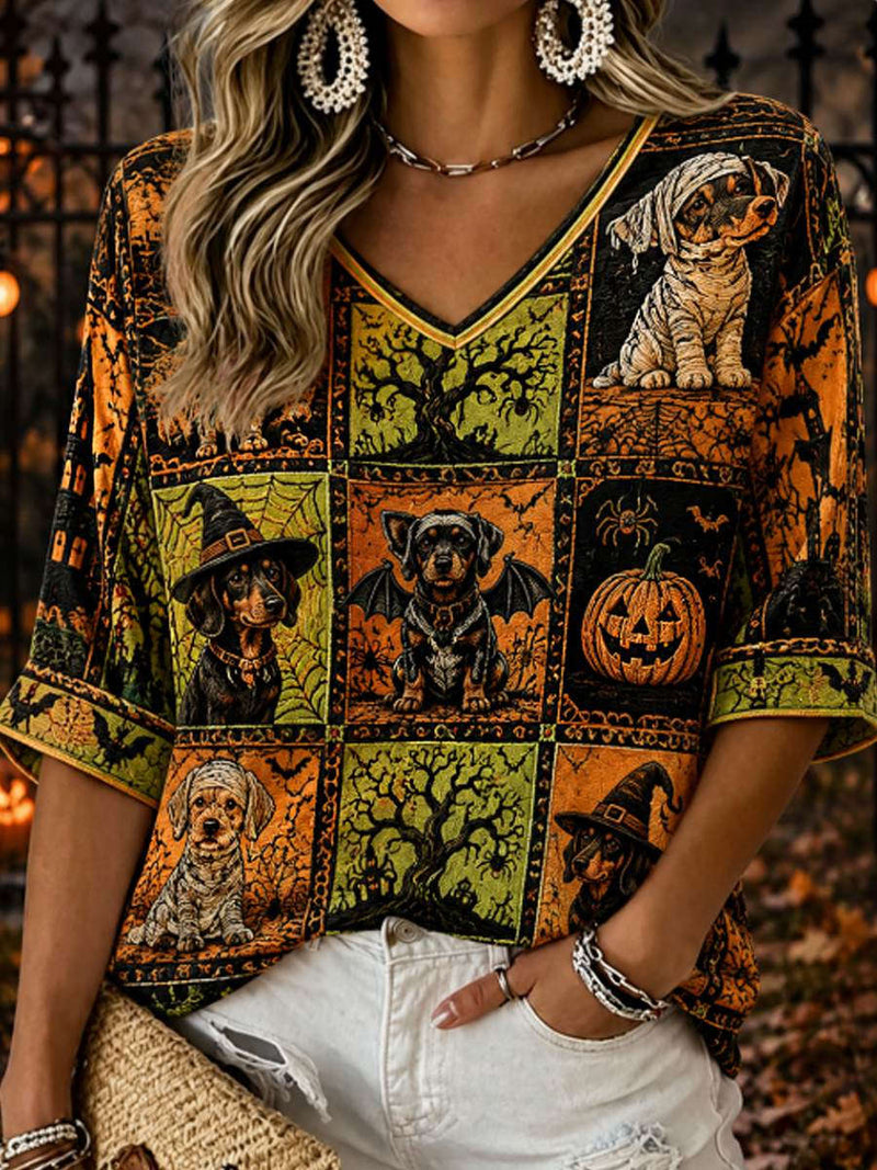 Women's Halloween Multi Dog Pumpkin Dead Tree Print V Neck 3/4 Sleeve Blouse