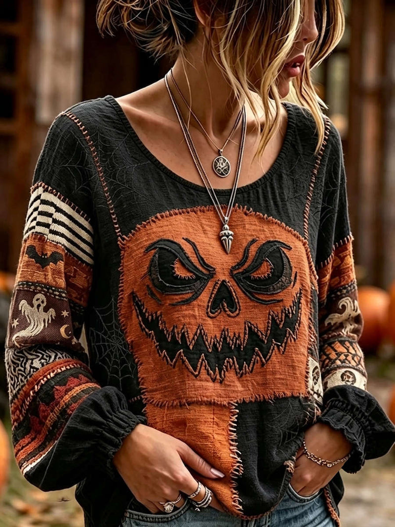 Women's Halloween Black Orange Pumpkin Face Patchwork Print Round Neck Long Sleeve Blouse
