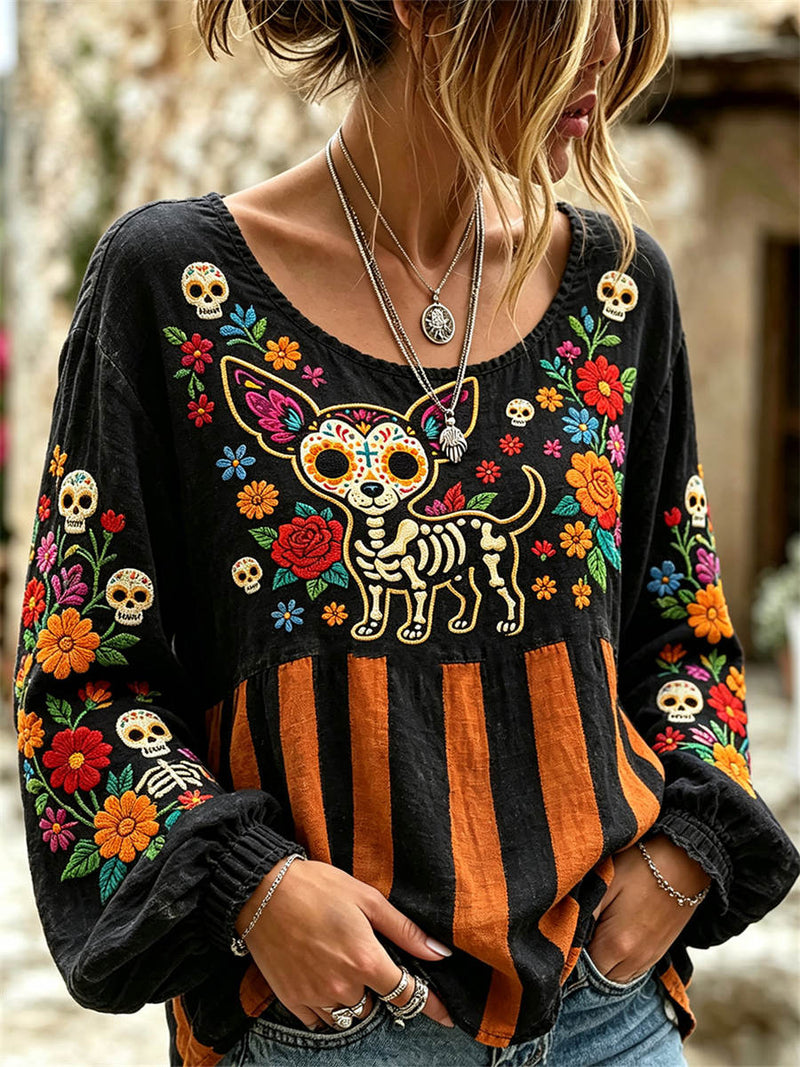 Women's Halloween Black Skull Dog Floral Print Round Neck Long Sleeve Blouse