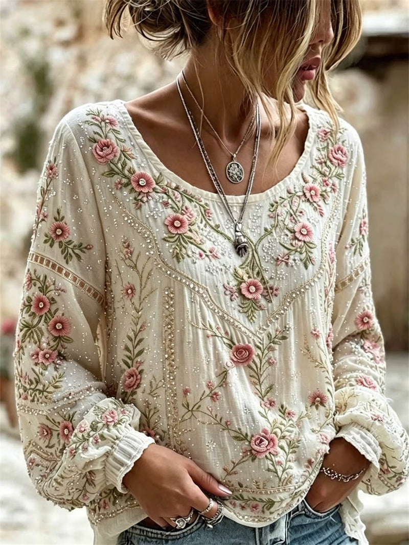 Women's Off White Pink Floral Print Round Neck Long Sleeve Blouse