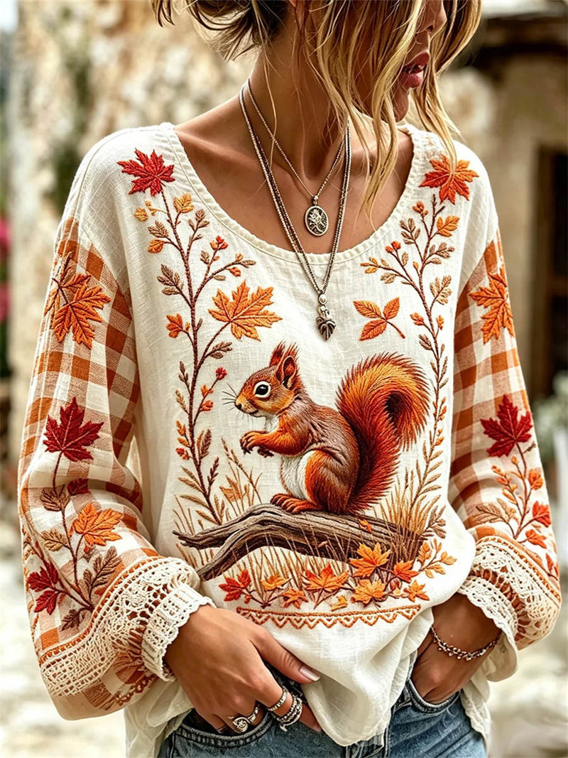 Women's White Orange Squirrel Maple Leaf Print Round Neck Long Sleeve Blouse