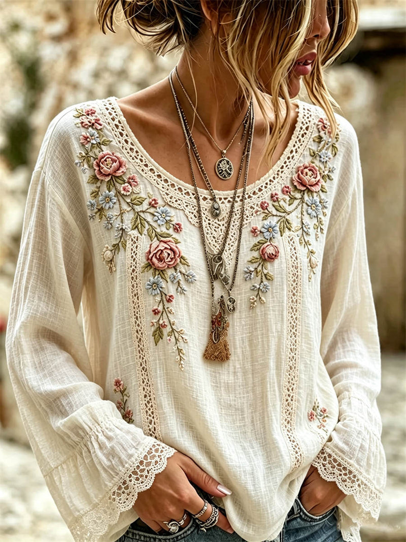 Women's Off White Floral Print Lace Round Neck Long Sleeve Blouse