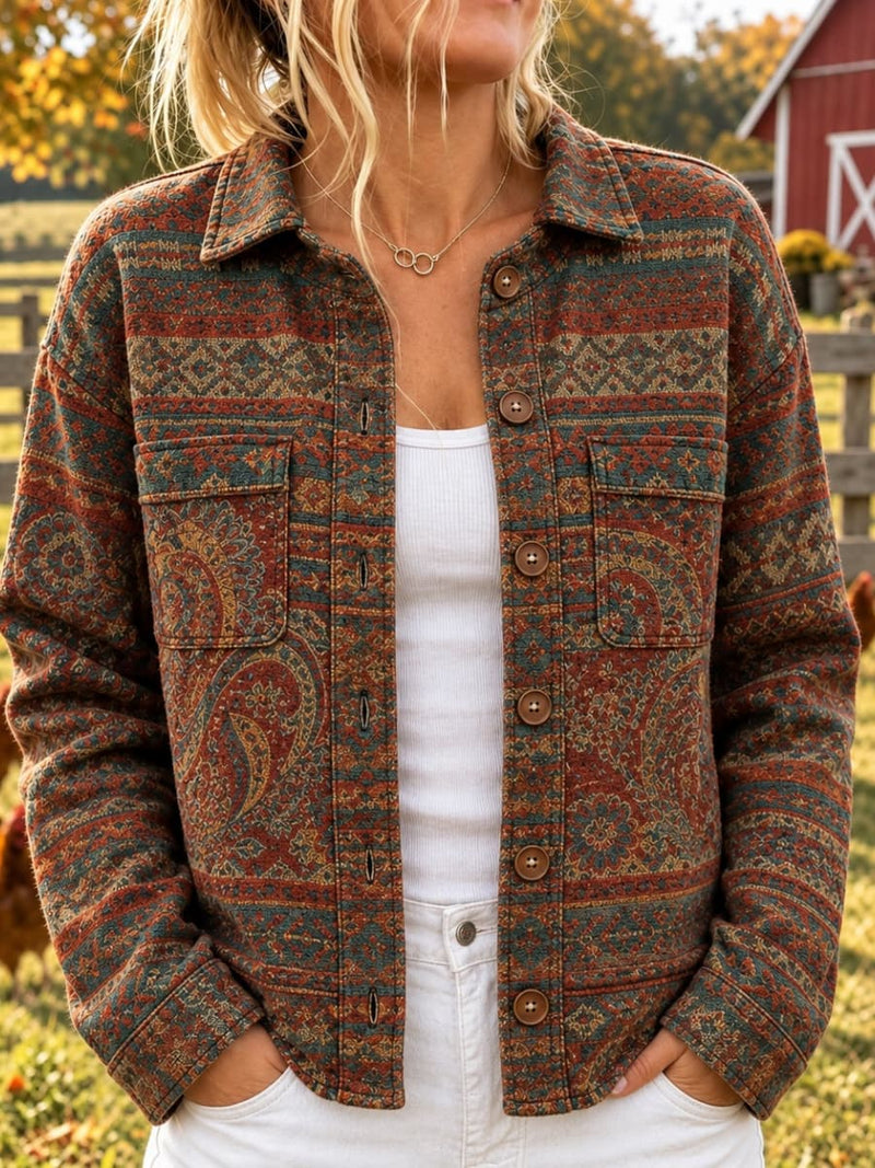 Women's Multi Color Paisley Geometric Print Lapel Button Long Sleeve Jacket
