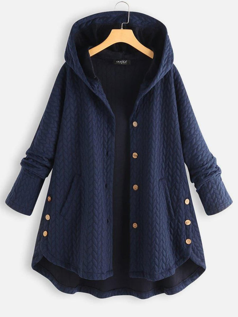 Women's Blue Plain Hooded Long Sleeve Jacket