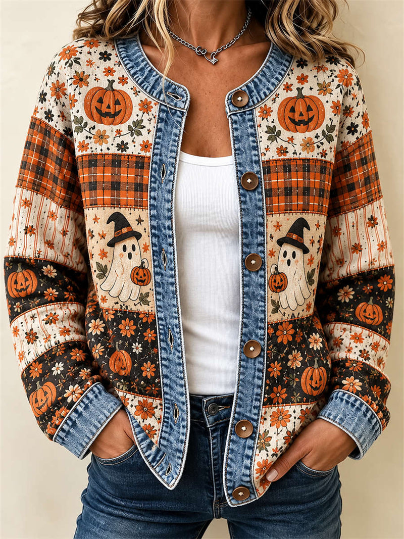 Women's Halloween Patchwork Ghost Pumpkin Floral Plaid Print Round Neck Long Sleeve Jacket
