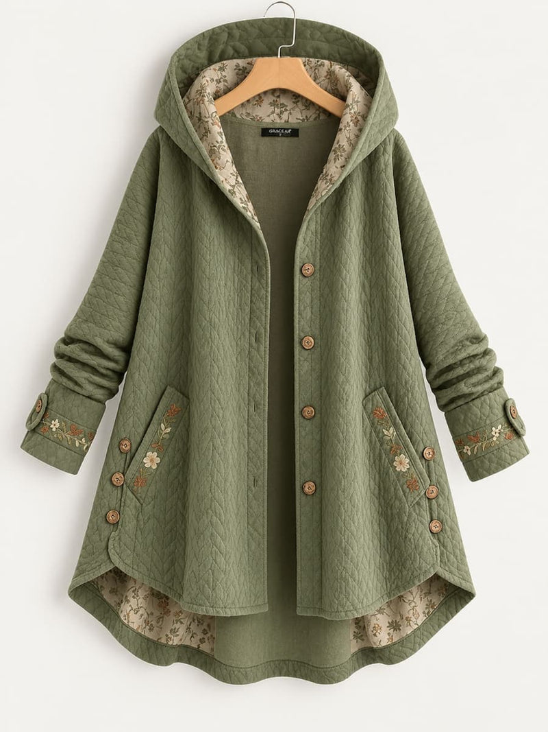 Women's Green Floral Print Hooded Long Sleeve Jacket