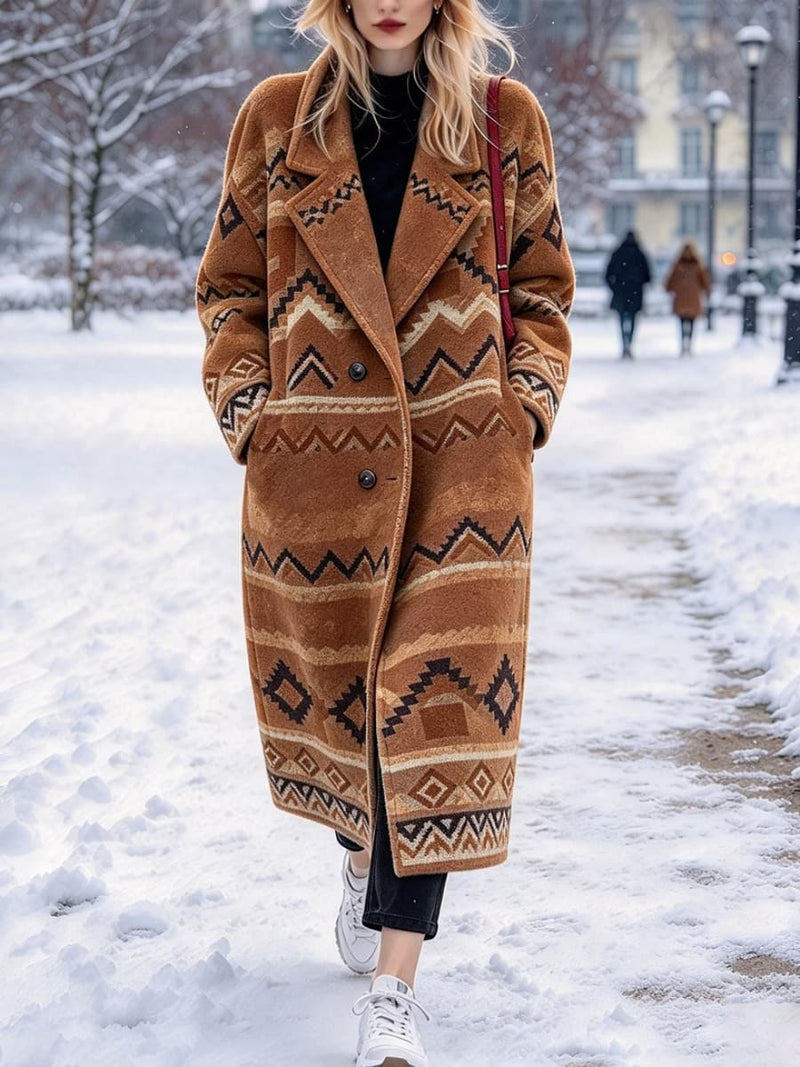 Women's Brown Tribal Geometric Print Lapel Long Sleeve Coat