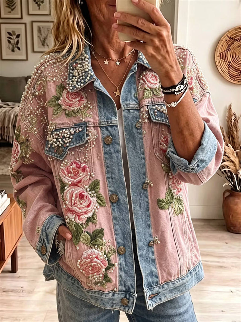 Women's Pink Denim Spliced Floral Print Lapel Long Sleeve Button Jacket