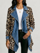 Women's Khaki Leopard Print Denim Spliced Lapel Long Sleeve Open Front Jacket