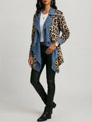 Women's Khaki Leopard Print Denim Spliced Lapel Long Sleeve Open Front Jacket