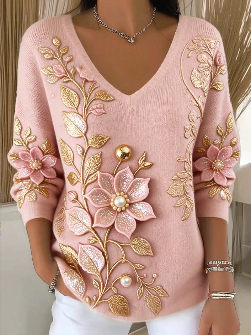 Women's Pink Floral Print V Neck Long Sleeve Sweater