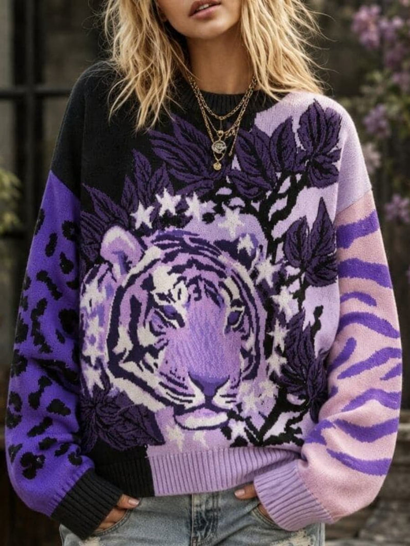 Women's Purple Tiger Floral Print Round Neck Long Sleeve Sweater