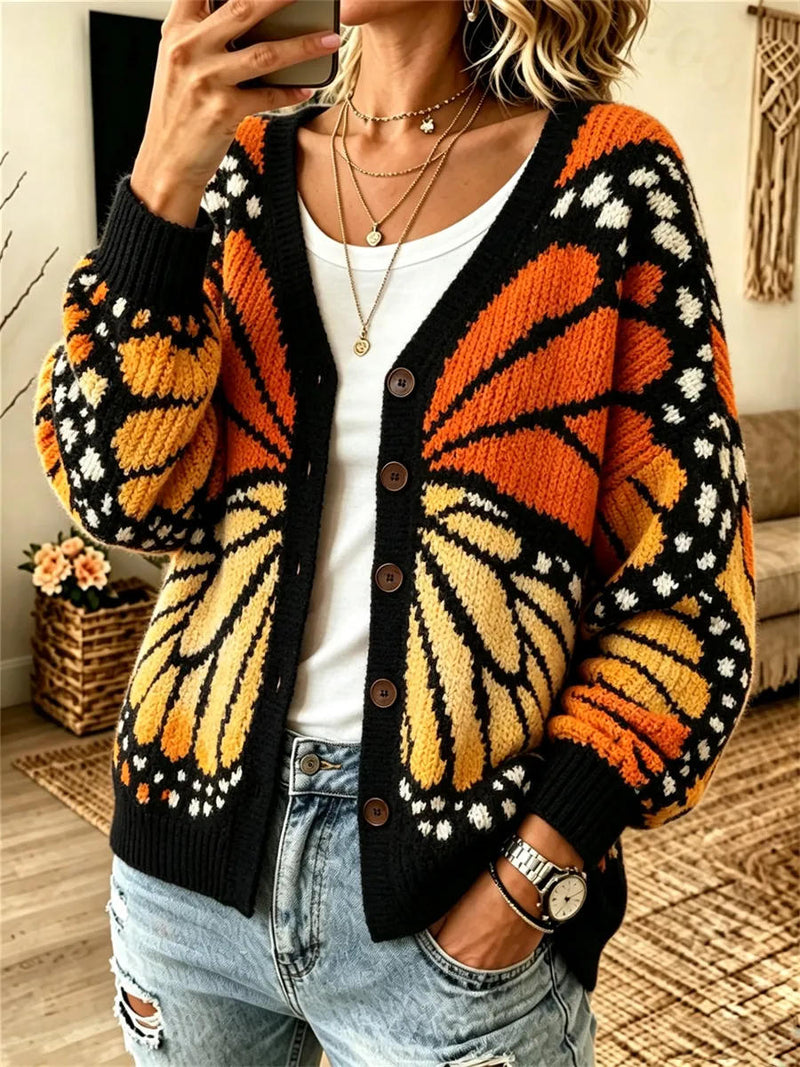 Women's Black Orange Monarch Butterfly Print V Neck Long Sleeve Cardigan