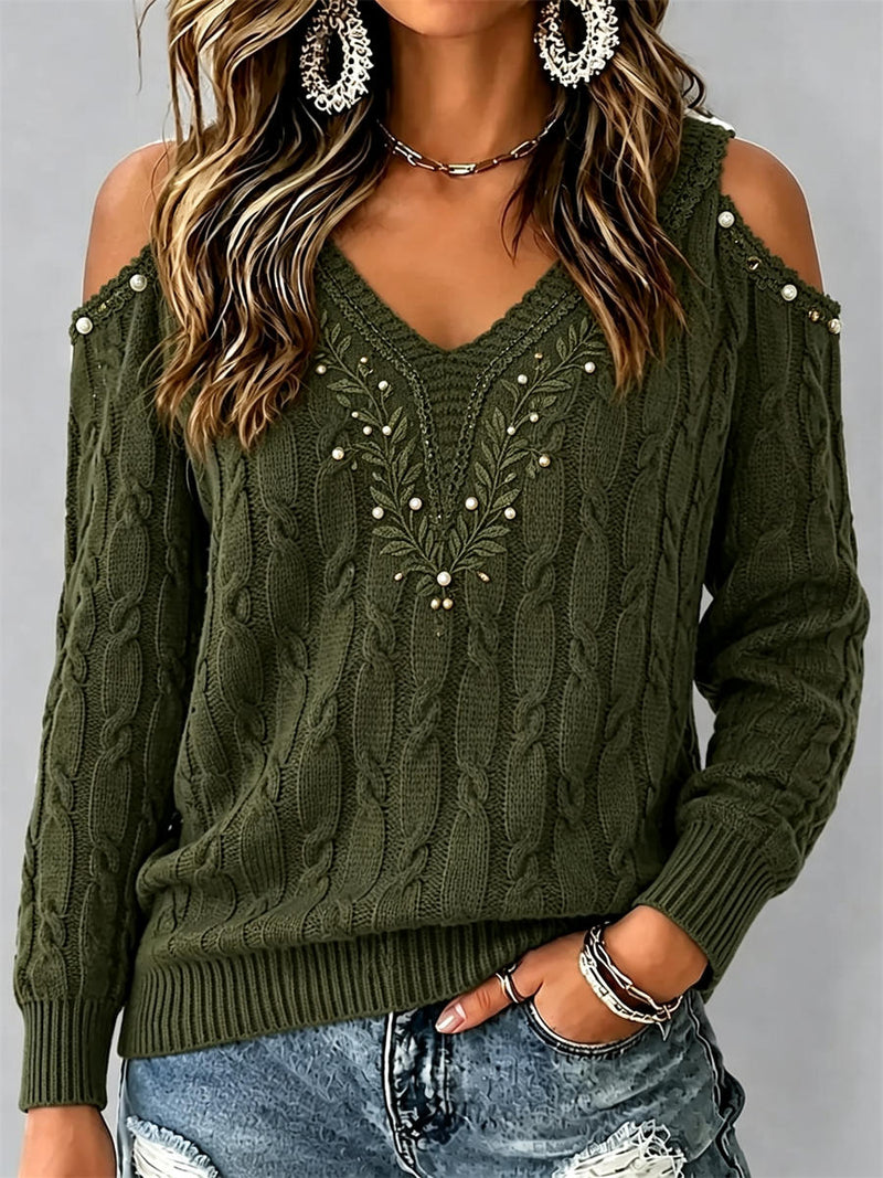 Women's Army Green Leaf Print Cold Shoulder V Neck Long Sleeve Sweater