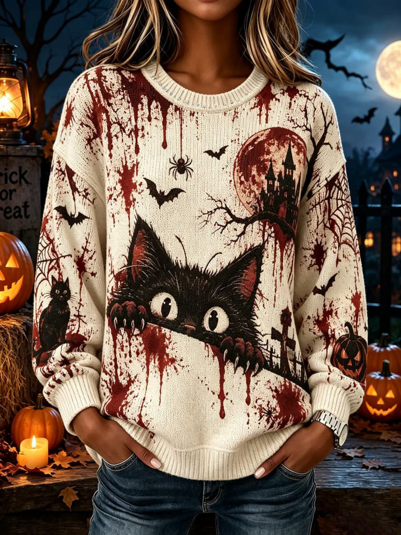 Women's Halloween Cream Black Cat Bat Castle Pumpkin Print Round Neck Long Sleeve Sweater