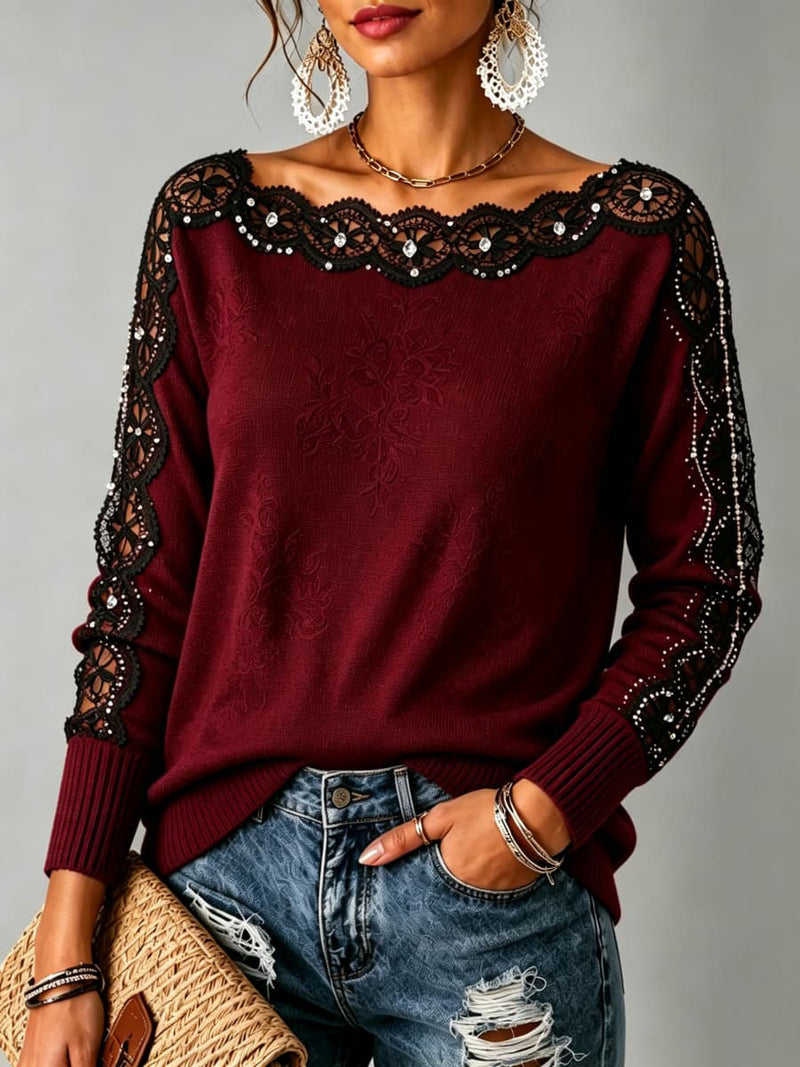 Women's Wine Red Floral Lace Splicing Round Neck Long Sleeve Sweater