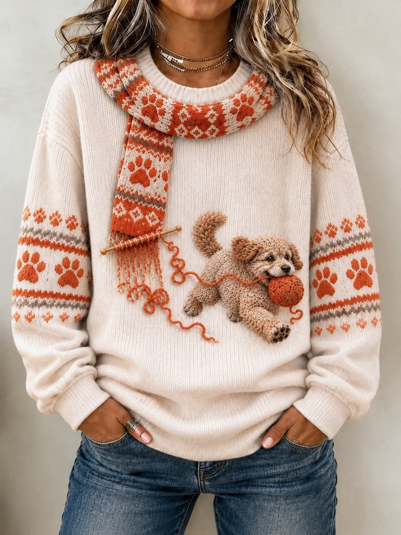 Women's Cream Orange Puppy Yarn Scarf Paw Print Round Neck Long Sleeve Sweater