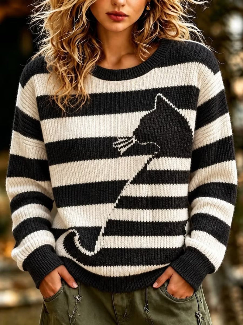 Women's Black White Stripe Cat Print Round Neck Long Sleeve Sweater