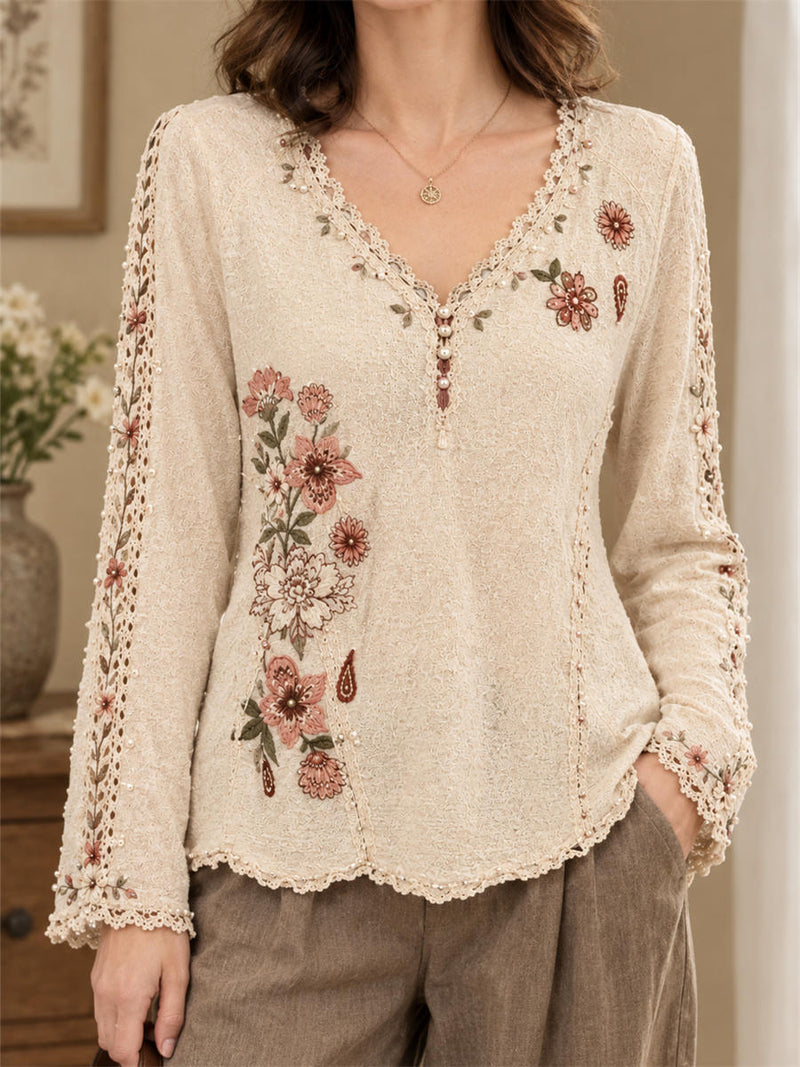 Women's Beige Floral Print Lace V Neck Long Sleeve Sweater