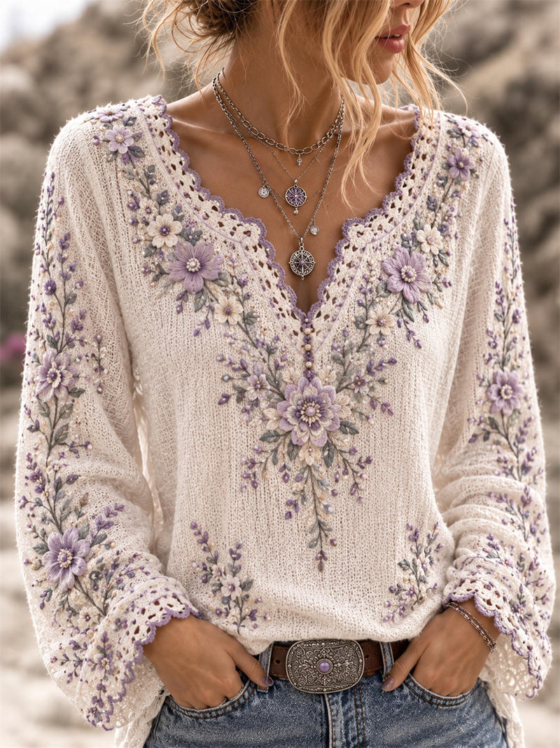 Women's Off White Purple Floral Print Lace Notch V Neck Long Sleeve Sweater
