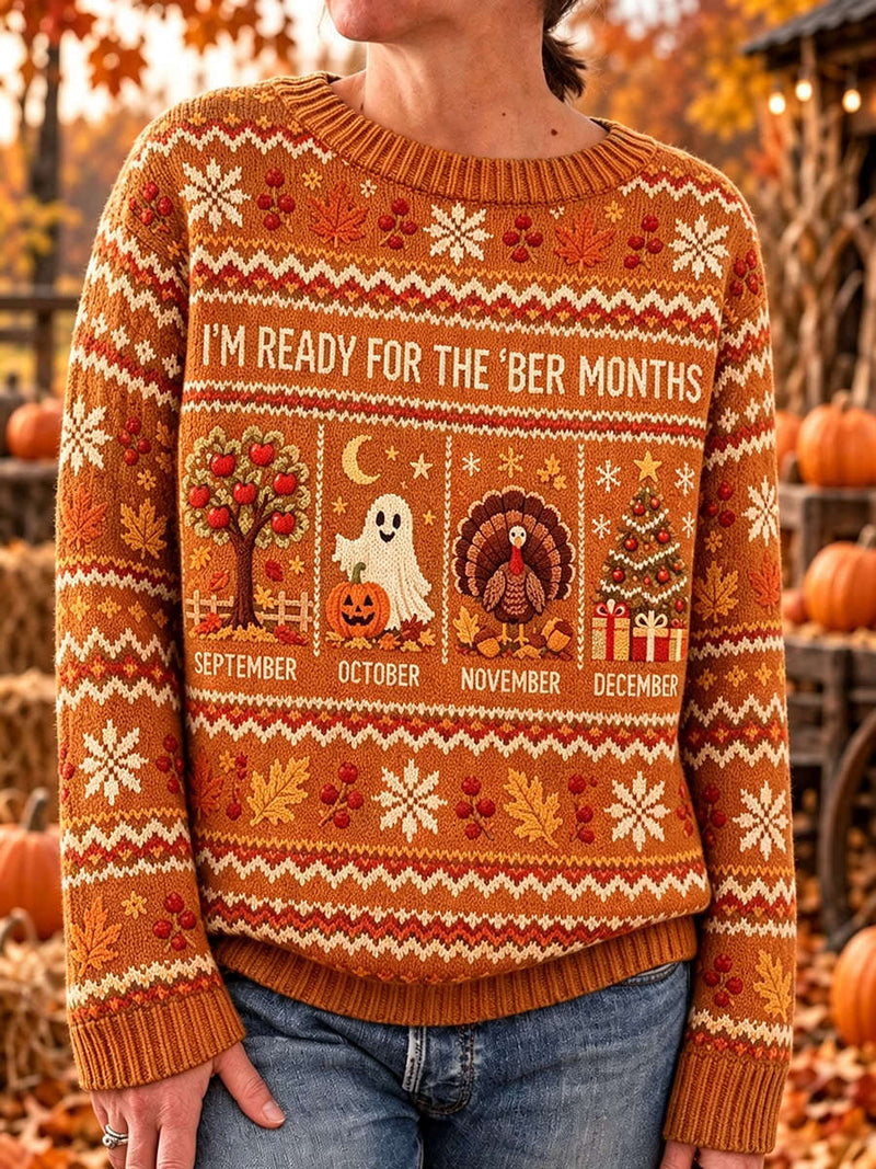 Women's Thanksgiving Orange Ghost Turkey Tree Letter Print Round Neck Long Sleeve Sweater
