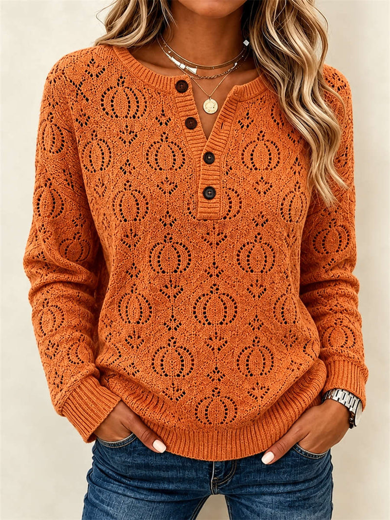 Women's Halloween Orange Pumpkin Hollow Out Henley Neck Long Sleeve Sweater