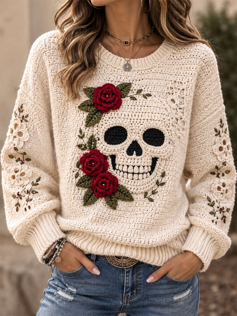 Women's Halloween Off White Skull Red Rose Floral Print Round Neck Long Sleeve Sweater