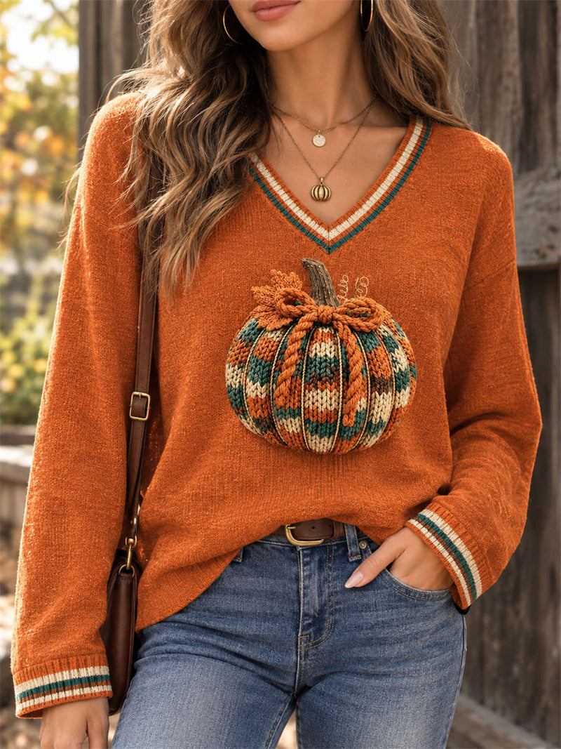 Women's Halloween Orange Striped Pumpkin Print V Neck Long Sleeve Sweater