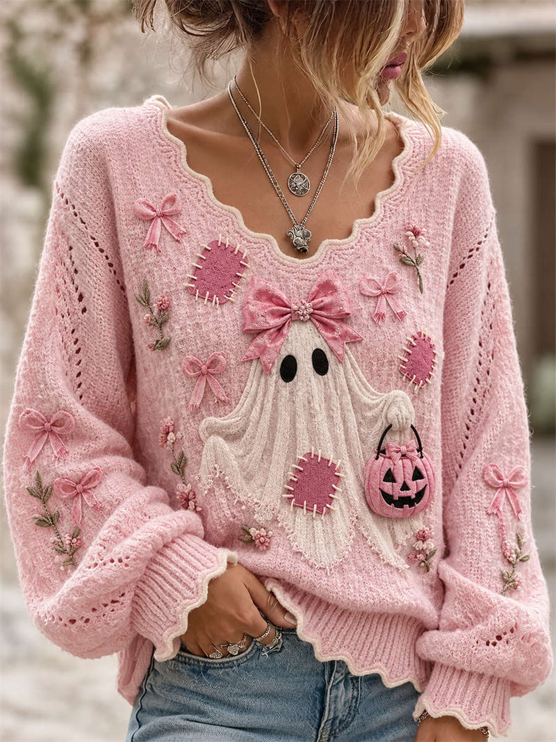 Women's Halloween Pink Ghost Bow Pumpkin Print Wavy V Neck Long Sleeve Sweater