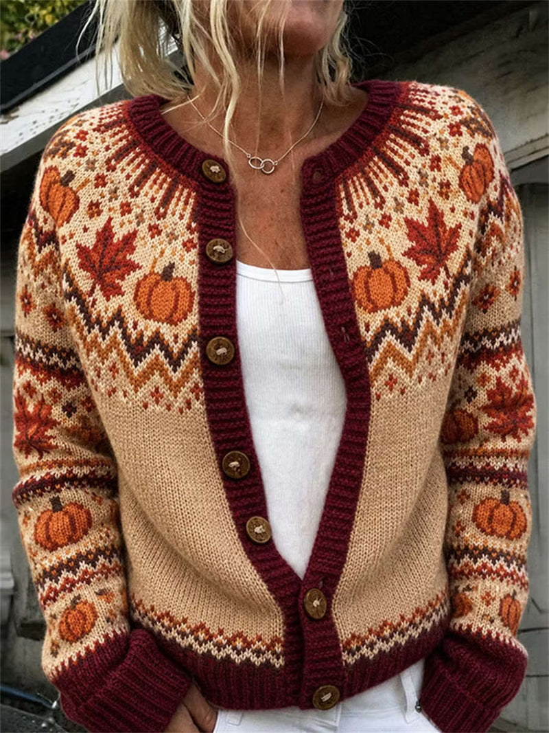 Women's Thanksgiving Khaki Pumpkin Maple Leaf Print Round Neck Long Sleeve Cardigan