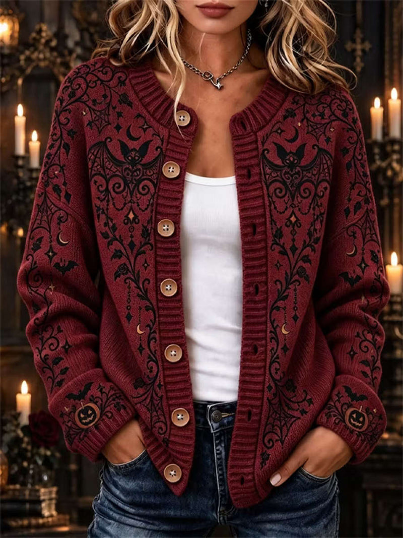 Women's Halloween Wine Red Bat Pumpkin Leafy Branch Print Round Neck Long Sleeve Cardigan