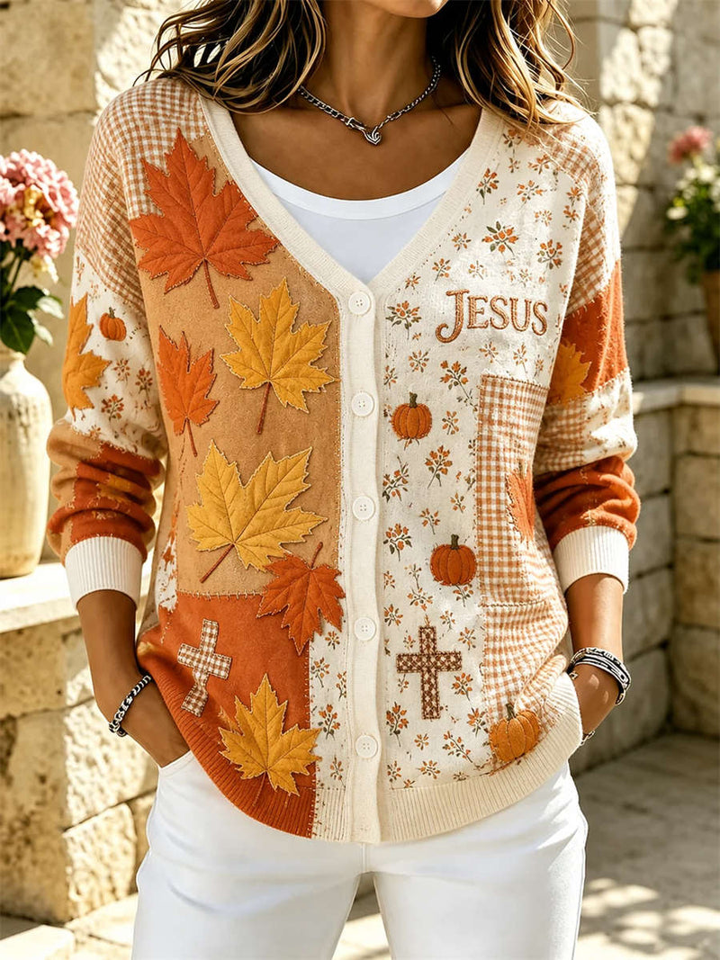 Women's Thanksgiving Cream Maple Leaf Pumpkin Cross Print V Neck Long Sleeve Cardigan