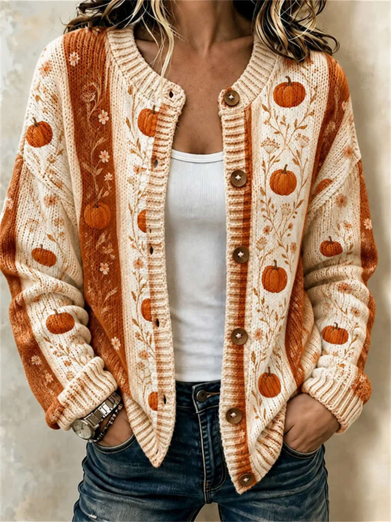Women's Thanksgiving Cream Orange Stripe Pumpkin Floral Print Round Neck Long Sleeve Cardigan