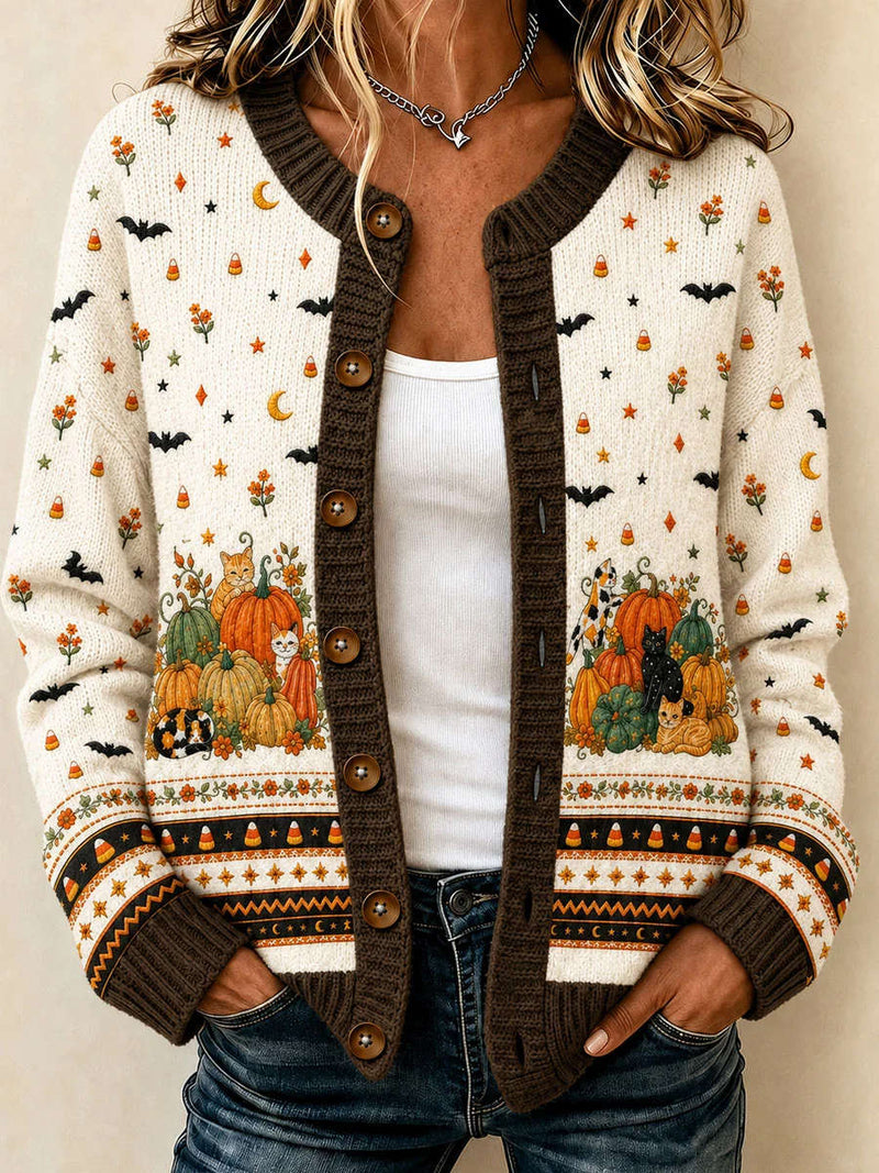 Women's Halloween Cream Cat Pumpkin Bat Print Round Neck Long Sleeve Cardigan