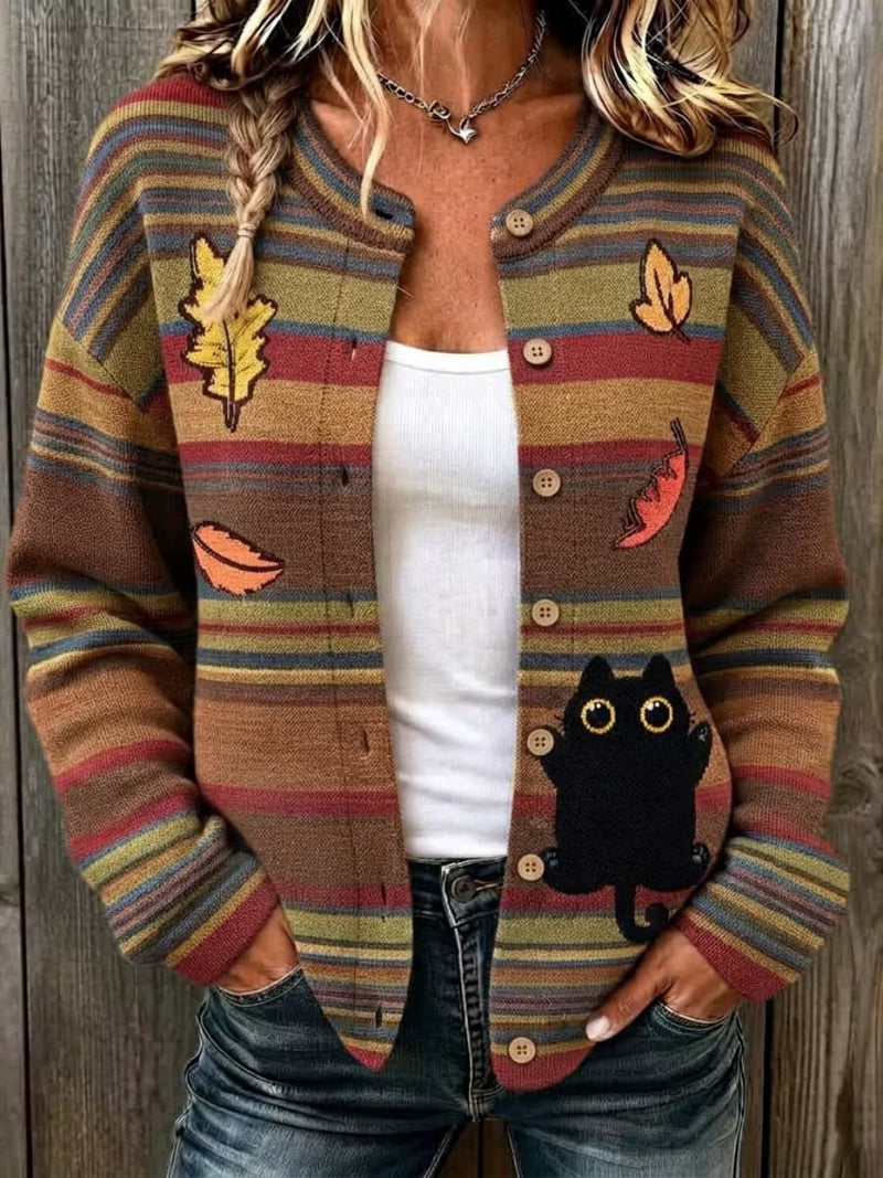Women's Multi Striped Black Cat Maple Leaf Print Round Neck Long Sleeve Cardigan