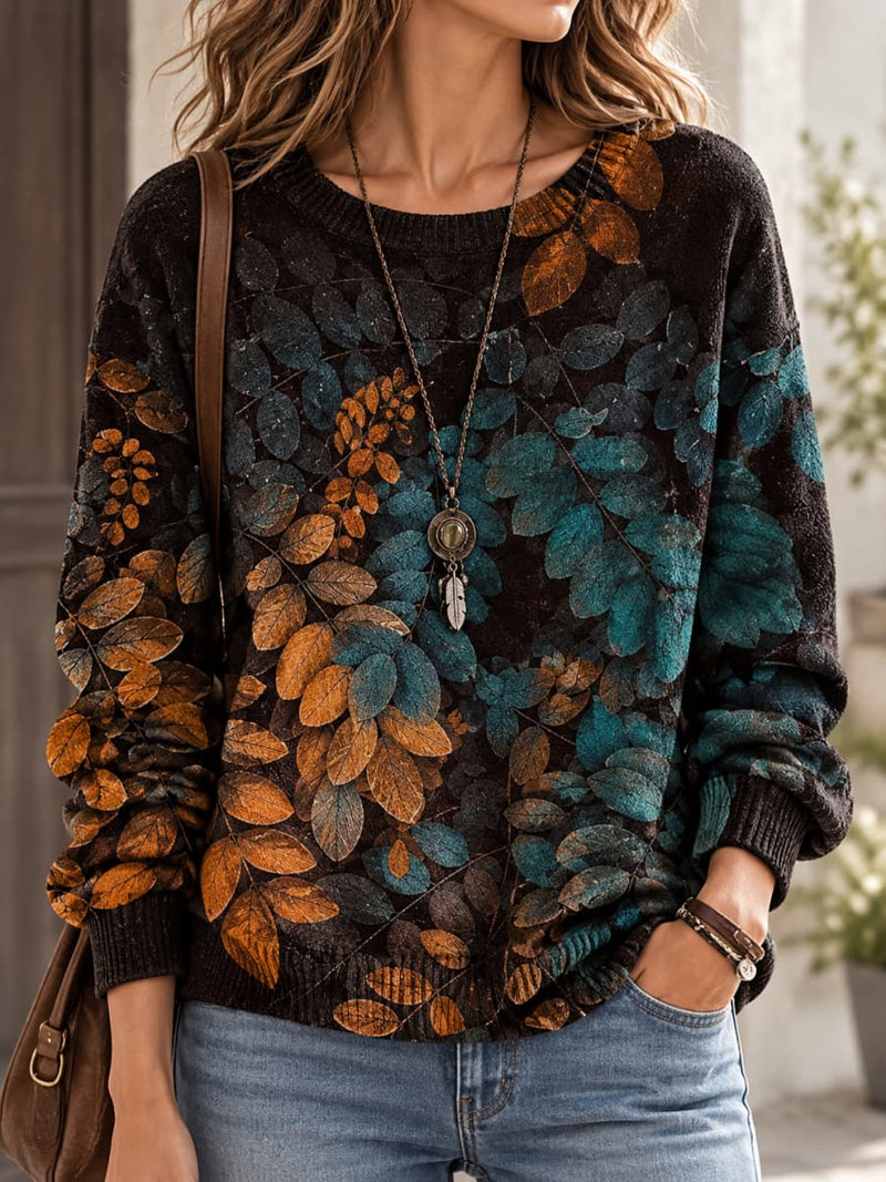 Women's Black Vintage Leaf Print Round Neck Long Sleeve Sweater