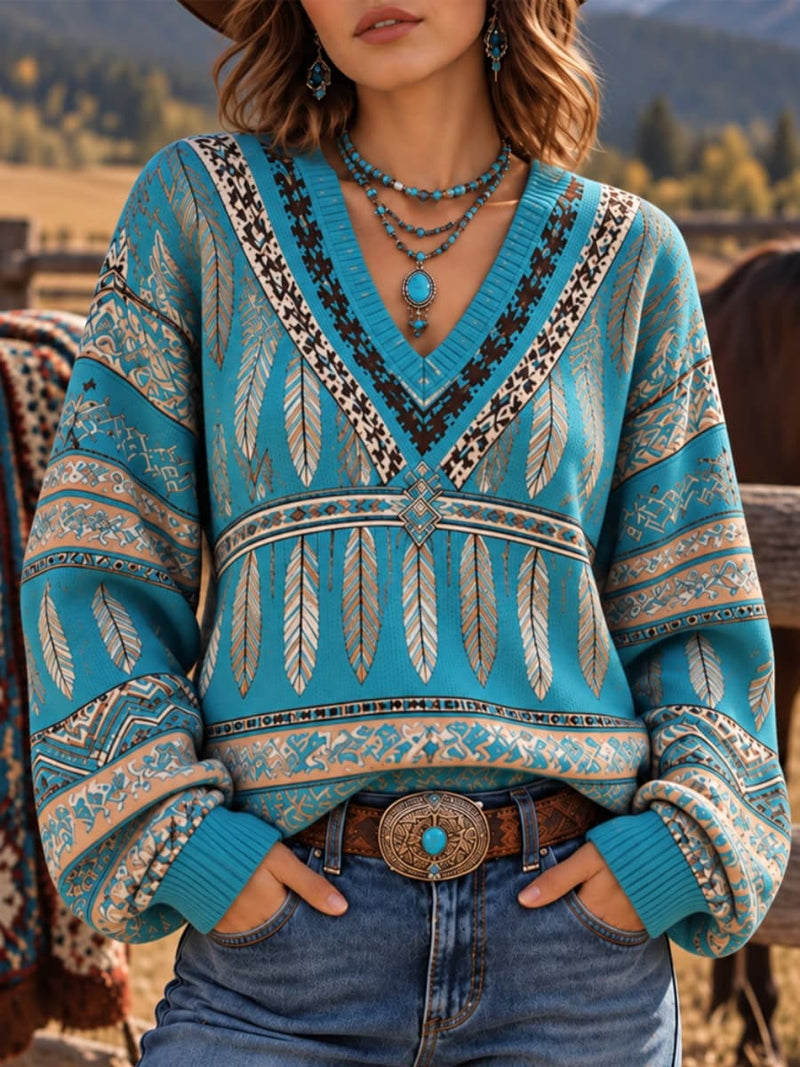 Women's Turquoise Ethnic Feather Geometric Print V Neck Long Sleeve Sweater