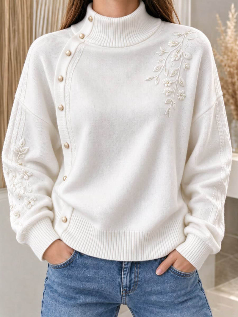 Women's Off White Floral Decor Button Turtleneck Long Sleeve Sweater