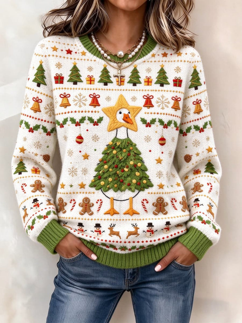 Women's Christmas Cream Green Duck Christmas Tree Print Round Neck Long Sleeve Sweater