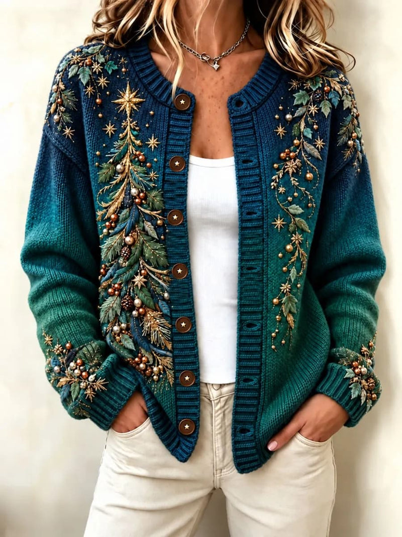 Women's Christmas Teal Green Gradient Christmas Tree Floral Print Round Neck Long Sleeve Cardigan