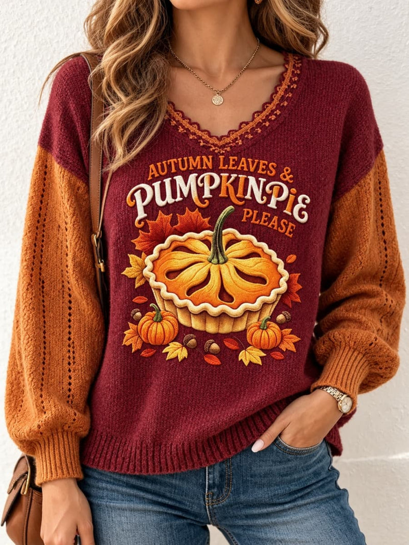 Women's Thanksgiving Wine Orange Color Block Pumpkin Pie Letter Print V Neck Long Sleeve Sweater