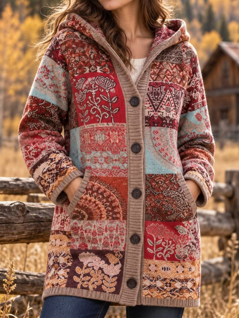 Women's Multi Color Floral Patchwork Hooded Long Sleeve Cardigan